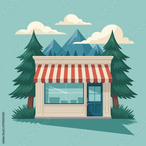 This picturesque small store is set against a serene backdrop of mountains and trees, evoking a sense of tranquility while inviting visitors into a cozy shopping experience.