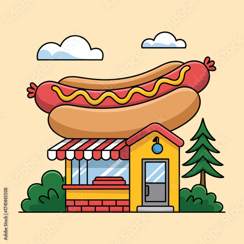 A whimsical restaurant building topped with an oversized hot dog, inviting food lovers to enjoy delicious hot dogs, symbolizing fun dining experiences and flavor-filled moments.