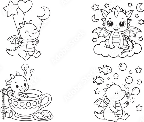 Baby dragon black and white coloring pages for teens and adults.