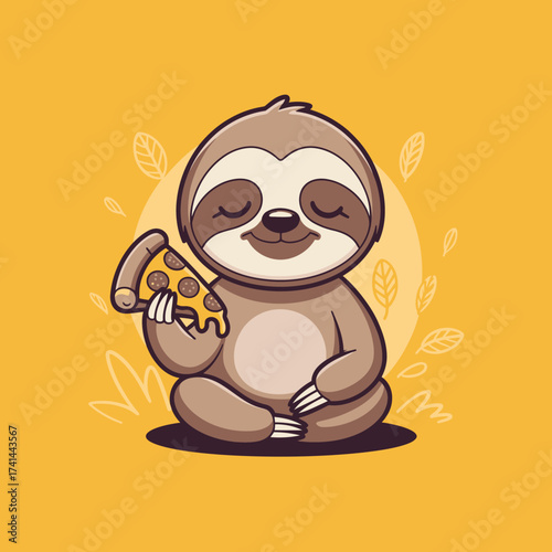A whimsical illustration of a relaxed cartoon sloth savoring a slice of pizza against a bright yellow background, embodying tranquility and joy while enjoying life's little pleasures.