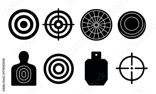 Set of eight target icons with bullseye and silhouette designs on dark background