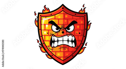 Angry Cartoon Shield with Fiery Flames and Brick Texture.