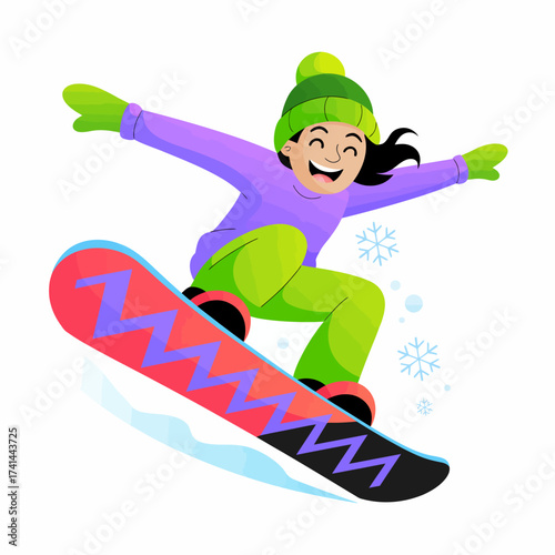 A cheerful young girl snowboarding elegantly through the snow, showcasing her vibrant outfit and the thrill of winter sports against a bright backdrop.