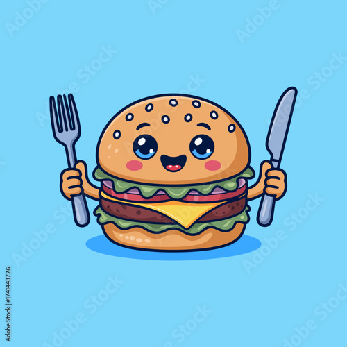This delightful illustration features a cheerful burger character joyfully holding a knife and fork, embodying the enticing allure of delicious food and mealtime fun.