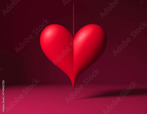 A striking 3D rendered red heart hanging in mid-air, symbolizing love and affection against a smooth, rich background in a modern minimalist style.