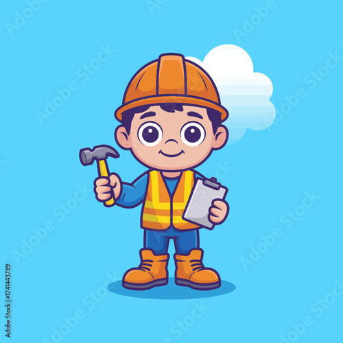 This illustration showcases a young and happy builder wearing safety gear, holding a hammer and clipboard, representing the spirit of construction and determination in a fun way.