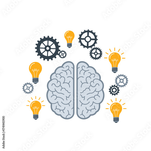 Conceptual illustration of the thinking process, featuring a brain with gears and glowing light bulbs symbolizing ideas.
