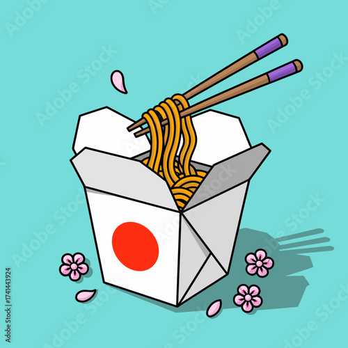 An iconic takeout box filled with delicious noodles, paired with chopsticks, representing Asian cuisine and convenient dining on-the-go, evoking flavors and vibrant culinary traditions.