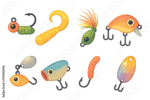 Colorful fishing lures variety with hooks and vibrant designs