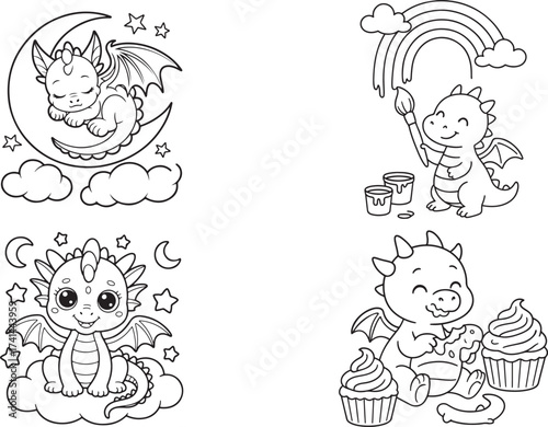 Baby dragon black and white coloring pages for teens and adults.