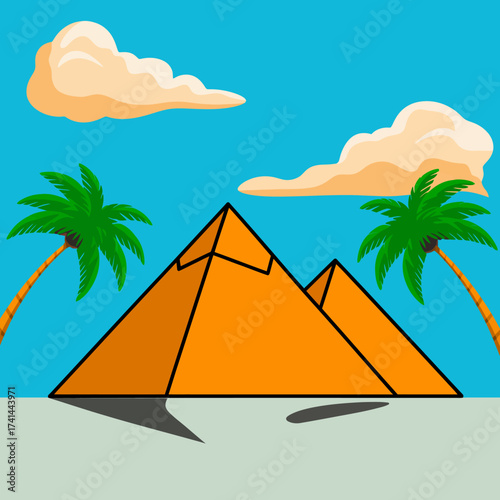 Vibrant digital artwork depicting iconic pyramids framed by palm trees, set against a clear blue sky with fluffy clouds, symbolizing rich history and adventure.