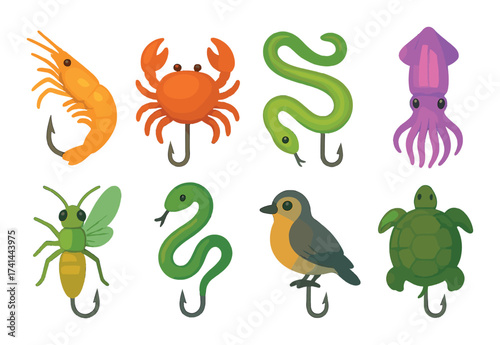 Colorful cartoon fishing lures shaped like animals and insects on hooks