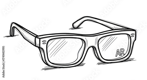 Stylish Rectangular Eyeglasses with Thick Frames and AR Lettering on the Right Lens.