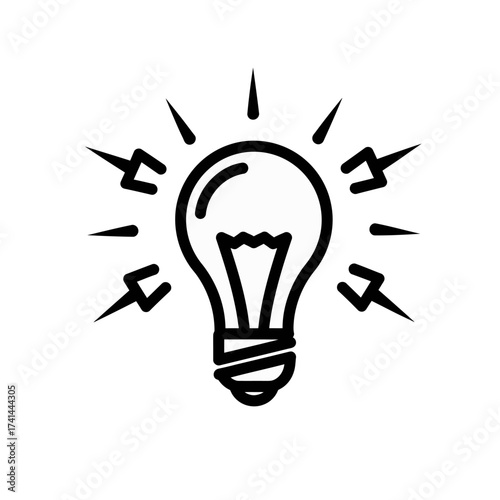 A simple black and white line drawing of a glowing light bulb with radiating lines symbolizing an idea.