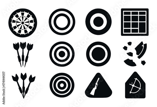 Black icons of dartboard, targets, grids, and archery elements on dark background