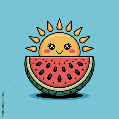 This charming illustration features a joyful sun rising from a watermelon, radiating happiness and summer vibes, perfect for cheerful designs and playful themes.