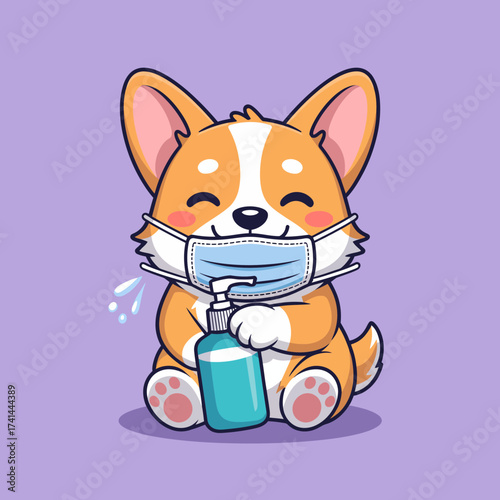This charming illustration features an adorable corgi wearing a mask while holding a bottle, providing a playful take on health and safety in a vibrant purple setting.