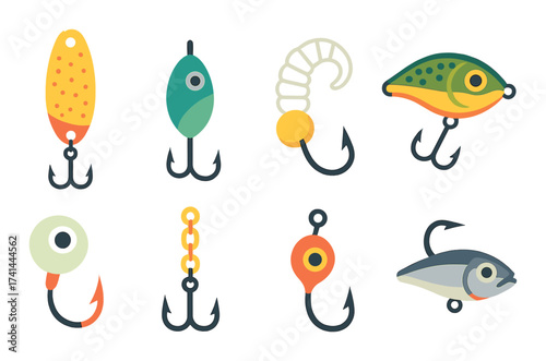 Colorful fishing lures collection with various designs and hooks