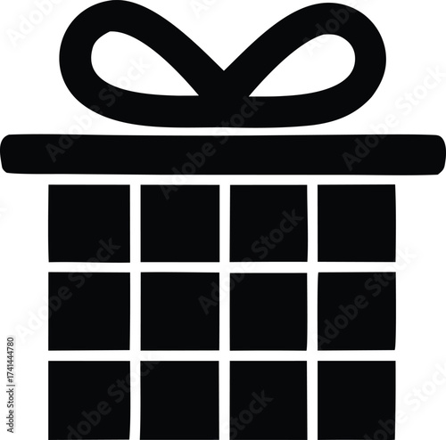 Simple black silhouette icon of a gift box with a bow perfect for celebrations holidays and surprise announcements across various platforms and designs.