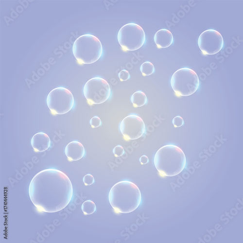 Realistic soap vector bubbles on coloring background. The effect of falling and flying bubbles. Glass bubble effect.