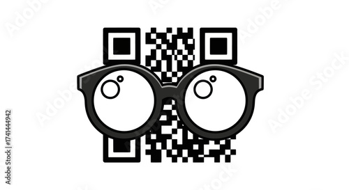 Whimsical Black and White QR Code with Round Eyeglasses Icon.