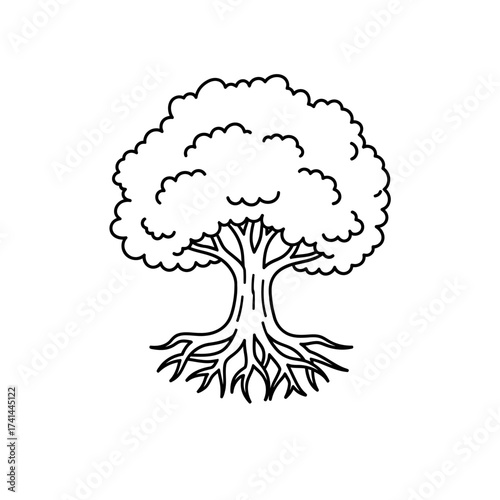 A simple black and white line art illustration of a large, sturdy tree with a full, leafy canopy and visible roots.