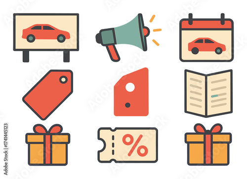 Automotive marketing icons featuring car, megaphone, calendar, tag, and gift boxes