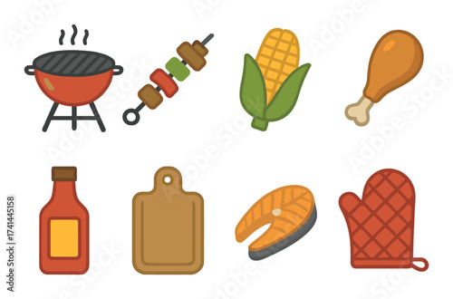 Colorful bbq icons: grill, skewer, corn, chicken, sauce, cutting board, fish, oven mitt