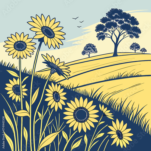 Sunflowers bloom in a field with trees and birds in the background