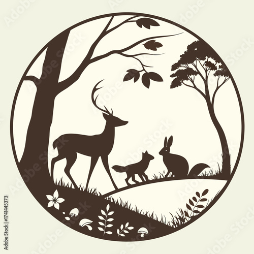 Silhouette of a deer, fox, and rabbit in a forest