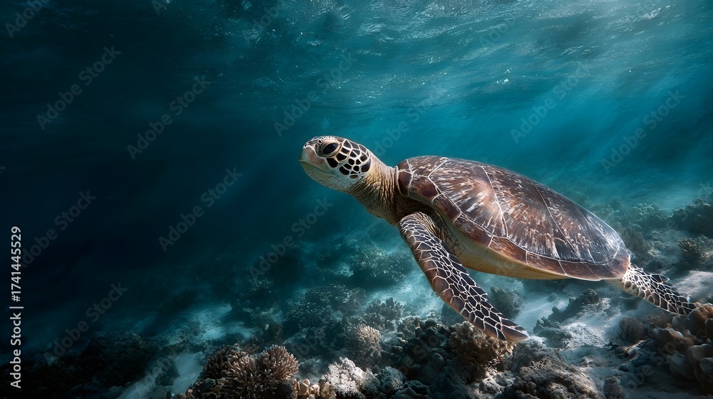 Fototapeta premium A majestic sea turtle glides through clear tropical waters above a vibrant coral reef ecosystem illuminated by sun rays