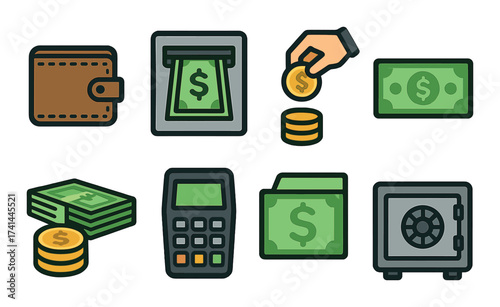 Financial symbols: wallet, atm, coins, cash, calculator, safe icons for money management