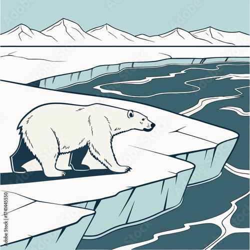 Polar bear standing on ice floe in arctic landscape with mountains