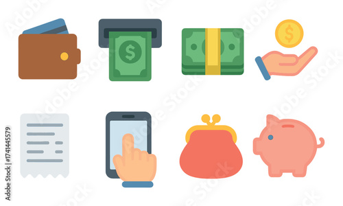 Financial icons: wallet, atm, cash, hand, receipt, mobile, purse, piggy bank