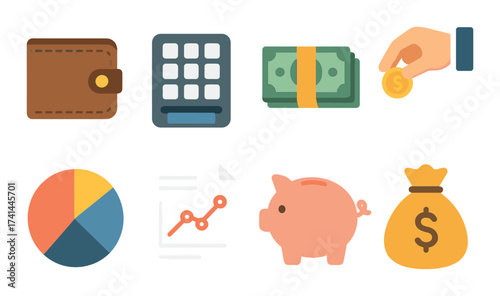 Colorful financial icons set with wallet, money, and savings symbols