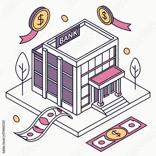 Isometric bank building with money and trees