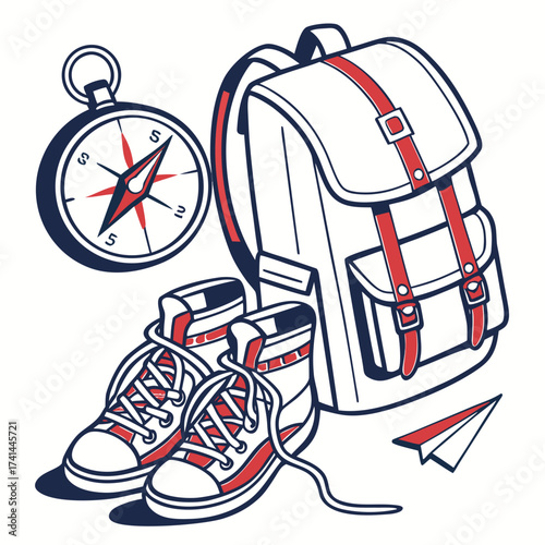 Illustration of backpack, compass, shoes, and paper airplane