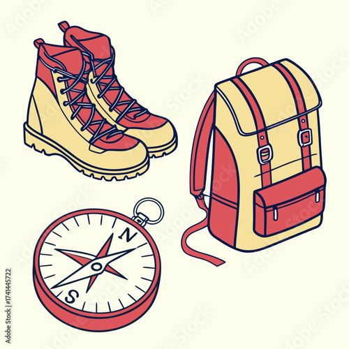 Illustration of hiking boots, backpack, and compass on a light background