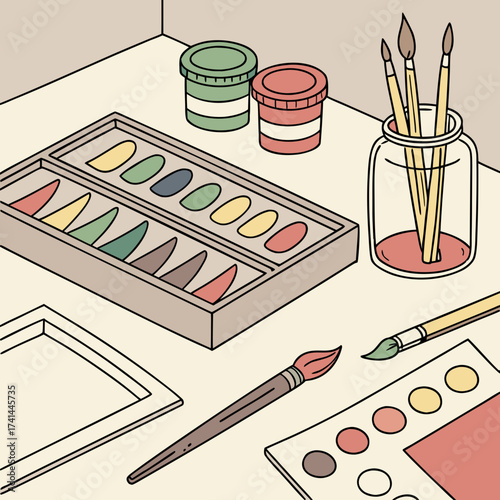 Illustration of art supplies including paint, brushes, and palette on table