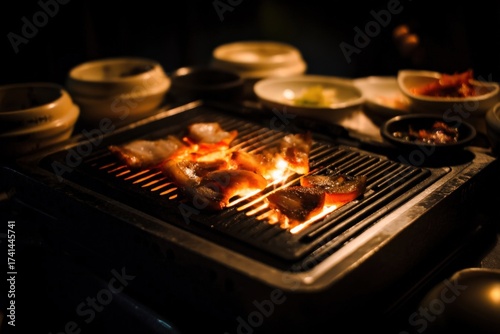 Samgyeopsal (삼겹살) : Grilled meat on a barbecue with side dishes in a dimly lit setting.