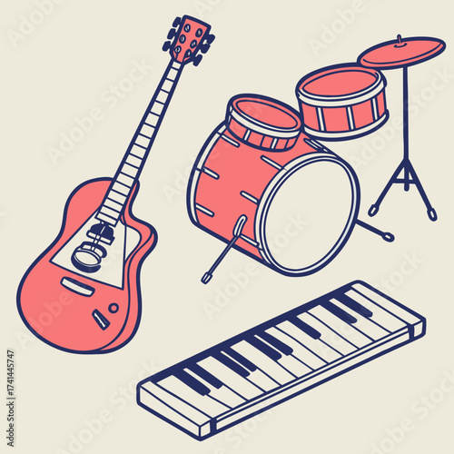 Illustration of musical instruments including guitar, drums, and keyboard