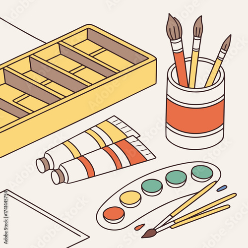 Illustration of art supplies including paint, brushes, and palette on surface
