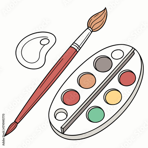 Illustration of a watercolor palette with paints and a paintbrush