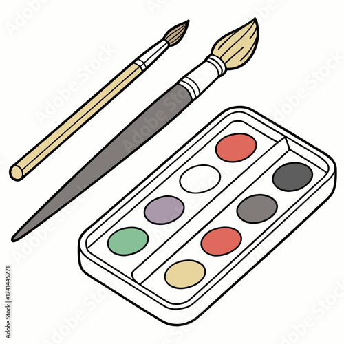Illustration of a watercolor palette with paints and two paintbrushes