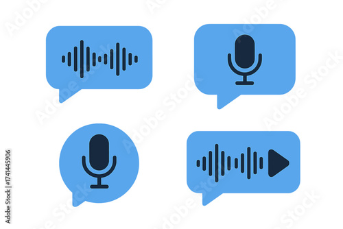 Social media audio message icons set with voice message microphone symbols and sound wave visualizations in blue chat bubbles, vector illustration digital communication concept