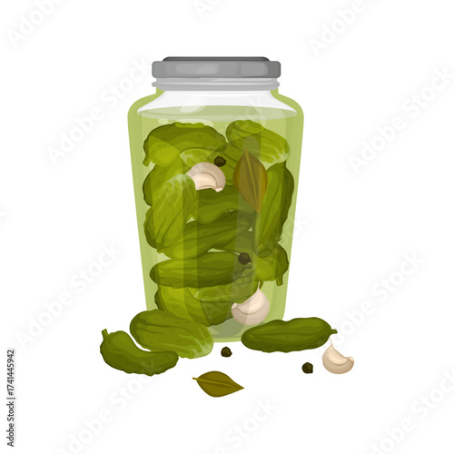 Illustration of a glass jar filled with pickled cucumbers and spices on a black background