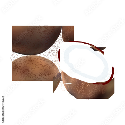 A whole brown coconut and a halved coconut revealing white flesh and liquid on a black background