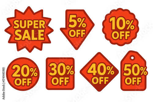 Super Sale Discount Symbols and Special Offer Labels with 5%, 10%, 20%, 30%, 40%, 50% Off Shopping Tags Vector Illustration, Retail Promotion, Savings Tags Set