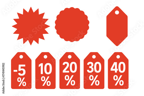 Super Sale Discount Percentage Tags, Special Offer Price Labels with 5%, 10%, 20%, 30%, 40% Red Sale Tags, Shopping Labels, Vector Illustration for Promotions and Discounts