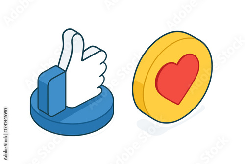 Isometric Thumbs Up and Heart Icon, Empathetic Social Media Emoji Reactions, Vector Illustration with Printed Paper Style on White Background, Digital Like Love Symbols
